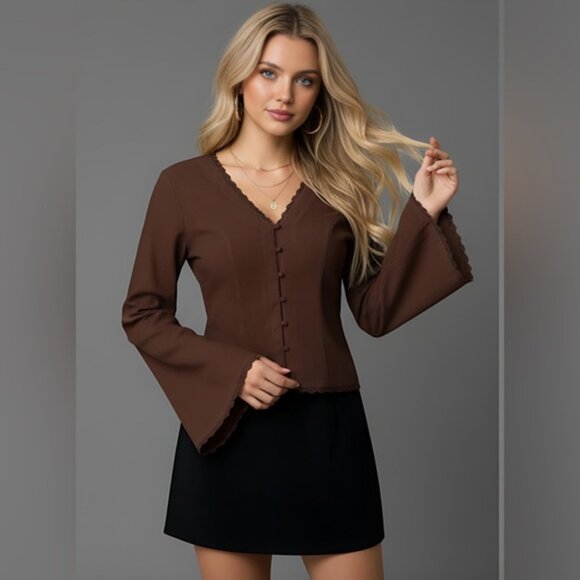 Boho Lace Cap Sleeve Single Button Blouse Brown - Picture 1 of 8